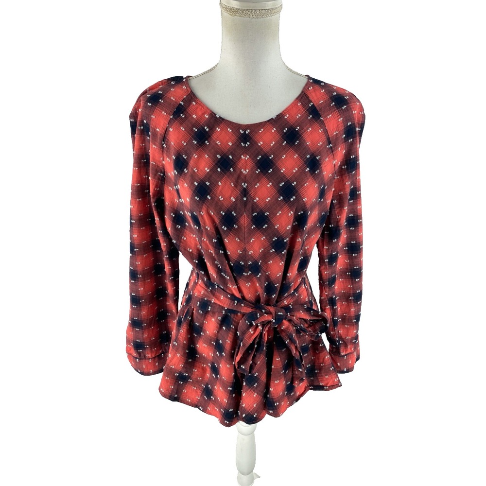 Sundance Top Women M/L Coral Black Bias‎ Check Swiss Dot Smock Waist Peplum Tie